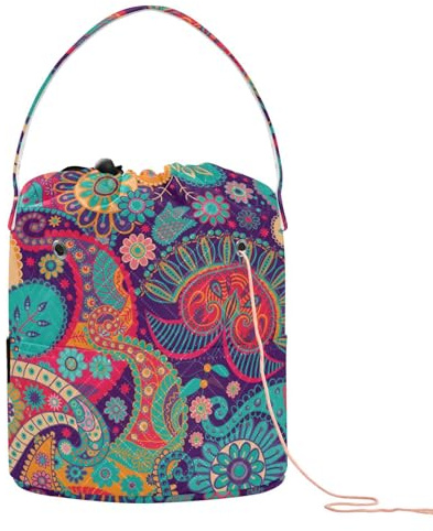 Yarn Storage Knitting Basket Bin, Polyester Crochet Bag 8.3x11 in Pockets Dividers Box Organizer with Handle Ancient Asian Elements Paisley Floral Flower