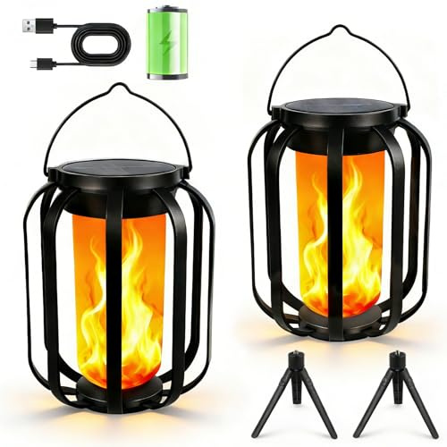 Solar Lanterns Outdoor Lights, 2 Pack Flickering Flame Garden Lights with 2 Modes Dual Charging USB & Solar, Outdoor Waterproof Hanging Lantern for Halloween Party Holiday Decor