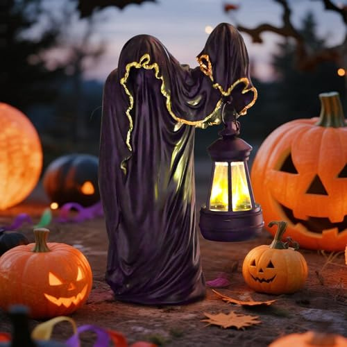 Nexoria Halloween Deko Hexenfigur mit Laterne, Halloween Geist Deko mit LED-Beleuchtung Harz Gruselige Geistfigur Solarlaterne Gartendeko für Helloween Dekoration