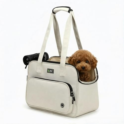 KZARYVEXIS Hundetasche für Kleine Hunde und Katzen, 43×20×30cm (Beige) | Leichte & Atmungsaktive Haustiertasche aus Oxford-Stoff mit Leinenhaken, Ideal für Reisen, Outdoor und Unterwegs