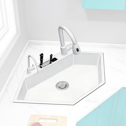 Fregadero Esquina Blanco de 55 Cm, de Acero Inoxidable 304, Fregadero Cocina con Soporte para Cuchillos y Escurridor, para Sobre Encimera, Semiempotrado o Bajo Encimera