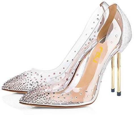 FSJ Women Studded Pointed Toe Transparent Pumps High Heels Shoes with Rhinestones Size 9 Silver