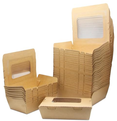 La Llareta 50 Stücke Kraftpapier Lunchbox 900ml/32oz, Kraftkarton Snackboxen, Take Away Box, mit Fenster, Öl und Wasserdicht, für Sandwich, Käsekuchen, Burger…
