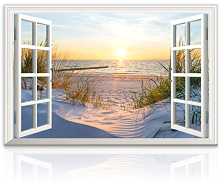 Woxfcart Beach Sunset Canvas Wall Art, Fake Open Window Ocean Nature Scene Landscape Picture Prints for Warm Living Room Home Office Bedroom Decor, 24 x 36 Inch