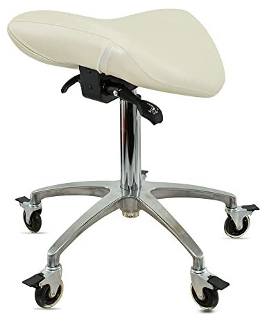 VAKON SALON - Sattelhocker mit Neigung Weiß, Sattelstuhl, Rollhocker höhenverstellbar von 55-75 cm, Drehhocker, Praxishocker, Bürohocker, Arbeitshocker