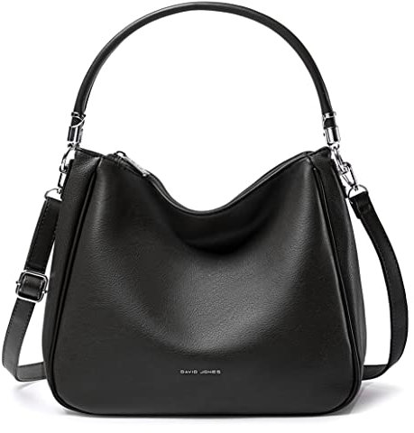 David Jones - Damen Schultertasche Hobo - Frau Umhängetasche PU Leder - Handtasche Top Griff Lange Henkel - Tasche Beuteltasche Mittelgroße - Shopper Einfache Klassische Leichte Elegante - Schwarz