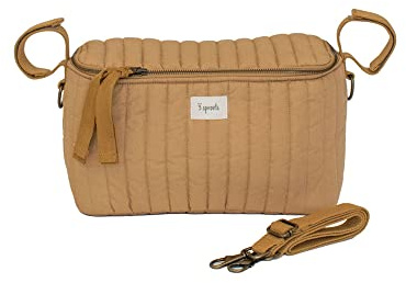 3 Sprouts Universal Quilted Stroller Organizer with Cup Holder and Zip Top - Durable Stroller Caddy Accessory with Storage - Shoulder Strap Converts Organizer to Small Diaper Bag, Mustard