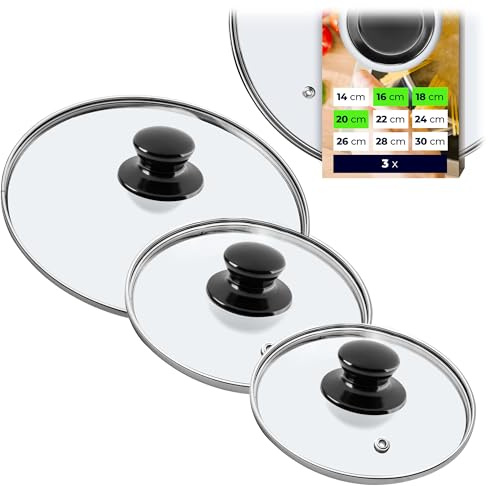 KADAX Set di 3 coperchi universali in vetro, diametro 16/18/20 cm, con manico nero lucido, resistenti al calore, per pentole e padelle, cottura a vista