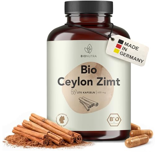 BIONUTRA Bio Ceylon Zimt Kapseln, 270 Stk. à 600 mg, hochdosiert | echte Zimtrinde, cumarinarm, rückstandskontrolliert, ohne Zusätze, vegan, deutsche Herstellung aus Ceylon Zimt Bio Pulver
