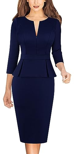 VFSHOW Womens Wear to Work Front Zipper V Neck Peplum Pencil Sheath Dress Business Casual Office Church Flattering Slimming Fitted Dress (Navy Blue, Large) 10742 BLU L