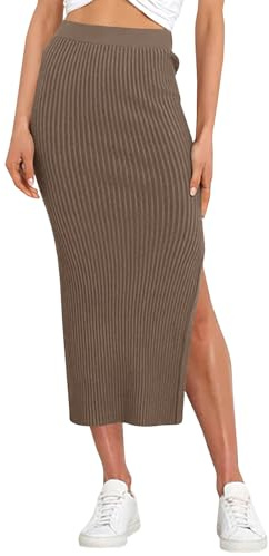 Runcati Women's Bodycon Knitted Pencil Skirts Elastic Split High Waisted Midi Skirt Taupe