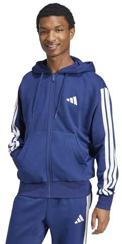 adidas Men's Essentials 3-Stripes Fleece Full-Zip Hooded Track Top, Dark Blue/White, XX-Large