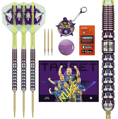 Target Darts Luke Littler Steel Tip Swiss Point Darts, 90% Tungsten Dart Set, 23G | Die Nuke 2025 Sonderausgabe K-Flex, Schlüsselring, Ersatz-Swiss-Spitzen und Premium-Werkzeug im Lieferumfang