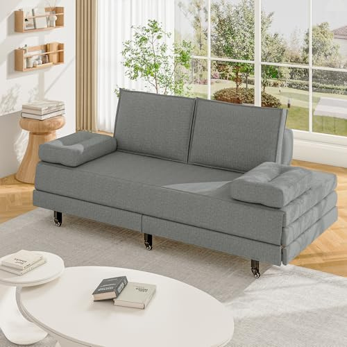 MISNODE Bäddsoffa, utdragbar 2-i-1, bäddsoffa, 90/180 x 200 cm, hopfällbar soffa med sovfunktion, konverteringsbar, 200 cm bred, 2-sitsig soffa, säng för lägenhet, vardagsrum, linne (grå--SF01)