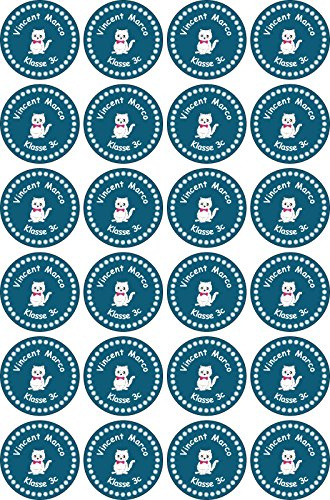 INDIGOS UG Namensaufkleber Kinder Schule rund - 30x30 mm - 044 - Katze - Set von 24 Aufkleber selbst gestalten Wunschtext - Büro, zu Hause - Hefte, Federmappen, Ordner
