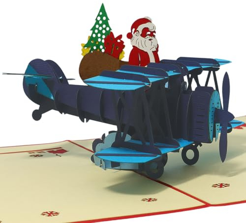 LINPOPUP® Pop - Up 3D Karte Weihnachten – Grußkarten Weihnachten, Weihnachtskarten mit Weihnachtsmann im Flugzeug – Faltkarte als Geschenk, N455