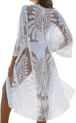 Blooming Jelly Womens Kimono Mesh Swimsuit Coverup Lace Floral Embroidered Long Beach Cover Ups 3/4 Sleeve Tie Front Summer Cardigan (One Size, White)