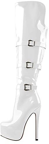 Only maker Women's Over the Knee High Boots with Side Zipper Stiletto Heeled Thigh High Booties Ankle Buckle Strappy Patent Leather Winter Booties White Size 11
