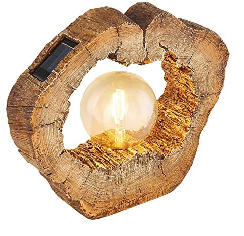 bmf-versand® Solarlampe für Außen Stehend Holzscheibe mit Pflegetuch – Solarleuchte Garten 25 cm Hoch – Außenleuchte Gartenlampe LED – Leuchte Solar Aussenlampe IP 44 Holzoptik Baumstamm