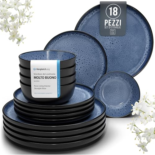 Juego de Vajilla de Steingut Ibiza para 6 Personas - 18 Piezas, Set de Vajilla para Lavavajillas y Microondas - Moderno Juego de Platos - Servicio de Pure Living en Negro y Azul Profundo
