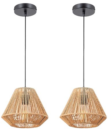 LIGKIN 2 Piezas Lámpara Colgante de Ratán Industrial Lámpara de Techo Vintage E27 Retro Lámpara Techo Pantalla de Metal y Cuerda de Cáñamo Iluminación para Salón Comedor Dormitorio