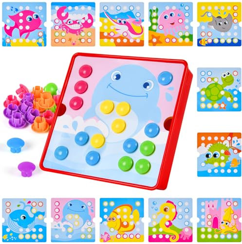 AUAUY Mosaik Steckspiel, Mosaik Steckspiel Set mit 12 Karten und 46 Steckperlen, Lernspielzeug, Montessori Spielzeug Geburtstag Geschenk