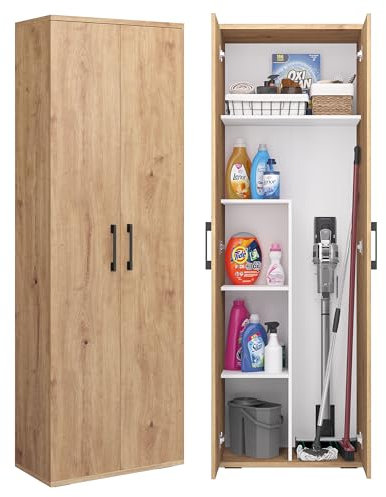 Bellamio Apol Besenschrank - Mehrzweckschrank in Eichenoptik - Vorratsschrank mit Staubsaugerfach - Putzschrank aus Holz - Flurschrank mit Stauraum - Haushaltsschrank - Allzweckschrank 176x33x60 cm