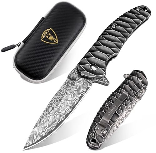 AUBEY Damast Taschenmesser Klappmesser Hochwertig mit Damaststahl Klinge, Edelstahlgriff, Gürtelclip- Scharf Einhandmesser EDC Messer Pocket Knife für Outdoor Camping Jagd Geschenk Sammeln