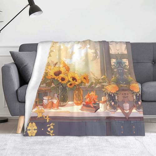 KINGWW Sunflowers Under The Windowsill Flannel Blanket - Festive Sofa Throw, Plush Bed Cover, Idea - 50x60inches (125x150cm)