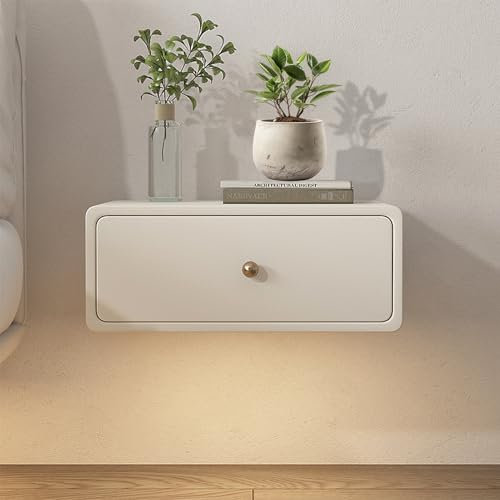 Schwebender Nachttisch mit Bewegungsmelder, Licht, modernes Design, Beistelltisch mit 1 Schublade, Massivholz, Akzent-Beistelltisch für Schlafzimmer, gebrochenes Weiß, 30 cm