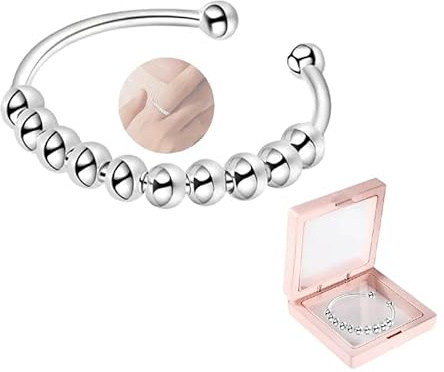 GIUSOBG Anxiety Ring 925 Sterling Fidget Ring mit Verstellbar Ring Damen Angstring Zappel mit Perlen Spinner Angst Stressband, Angst Ringe für Damen Männer Spinner