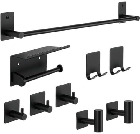 ORZAC®️Accesorios Baño Sin Taladro Set 9 Piezas Negro, Toallero y Portarrollos con Adhesivo o Tornillos, Ganchos de Pared