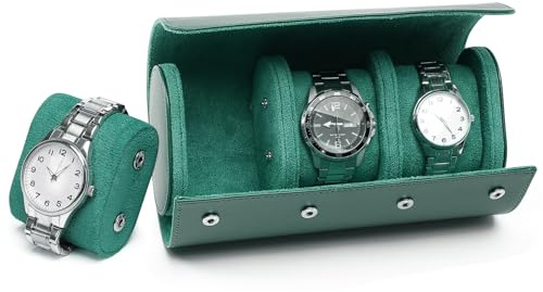 HNCY Luxus PU Leder Uhrenrolle, Uhrenbox 3 Uhren, Watch Box mit Uhrenkissen Schutz, Tragbar Uhren Aufbewahrungsbox Reise Watch Case Uhr Geschenkbox für Weihnachten Jubiläum Geburtstag, Grün