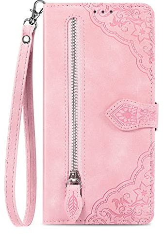 Wallet Case Compatible with Motorola Edge 60 Fusion Flip Phone Cases PU Leather Case Cellphone Shell Zipper Bag Skin Covers Coin Purse [with Lanyard Strap] 7 Credit Card/Cash Holder Slots,Pink