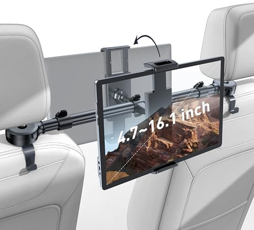 TRYONE Car Headrest Tablet Holder for iPad: [Front & Rear Flip Mount] Adjustable Back Seat Tablet TV Portable Screen Holder, Car Road Trip Essentials for Kids Compatible with 4.7-16.1 Devices