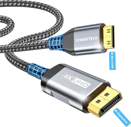 ZeroneTeck Câble DisplayPort vers Mini HDMI unidirectionnel 2M, 4K@60Hz UHD | compatible avec ordinateurs, moniteurs, Ecran Portable, AMD, NVIDIA, ARZOPA, projecteurs, mini PC. Câble nylon anti-flexion