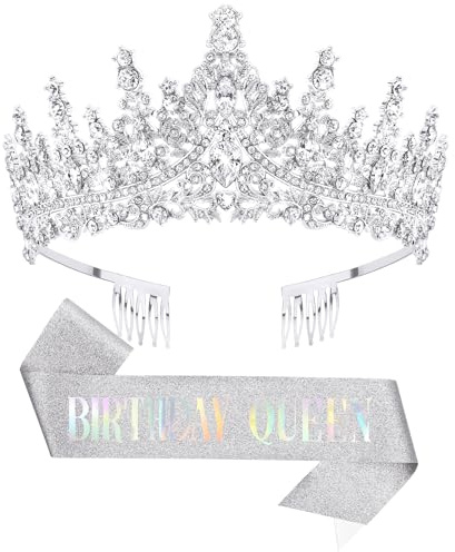 DRESHOW Birthday Crown and Sash for Women Birthday Queen Sash & Rhinestone Tiara Set Tiaras and Sashes for Girls Decorations Hair Accessories Glitter Shoulder Strap for Party