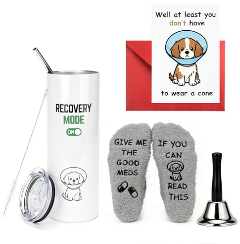 Sektasu Get Well Soon Hamper Gifts Box – 20oz Insulated Tumbler, Funny Recovery Socks, Silver Hand Bell, Greeting Card & Rattle – Humorous Pre Surgery, After Surgery Recovery Gift for Men & Women