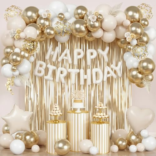 Geburtstagsdeko Gold,Beige Gold Weiß Birthday Decorations Ballon Set Mit Folienballon Lametta Vorhang Metallic Konfetti Balloons, Helium Ballons Für Geburtstagsdeko Frauen Mädchen Geburtstag Deko