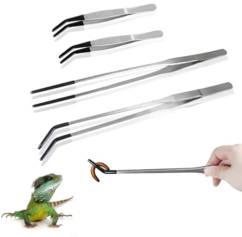 GWBPES 4 Stück Aquarium Pinzette Set, Lange Pinzette Gerade und Gebogen Edelstahl Terrarium Zubehör Reptile Tongs Futterzange mit Gummispitze Gerade Futterpinzette für Reptilien Wasserpflanze