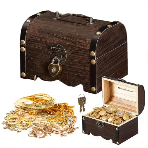 LIULINY Brun Rougeâtre Coffre Trésor Vintage 14,5x10x10cm Petit Coffre Bois | Coffre au Trésor en Bois Vintage avec Serrure, Tirelire Décoratif Rangement pour Chasse Trésor Anniversaire D'enfant
