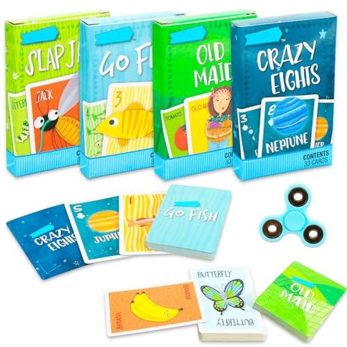 Classic Card Game Set - Bundle with Memory, Go Fish, Crazy 8's & Slap Jack Card Decks Plus Spinner | Bulk Table Game Set for Teens, Adults