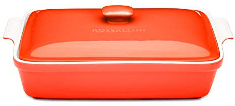 ROSSALLINI Stoneware Casserole Dish Bakeware Set with Lid, Covered Rectangular Dinnerware, Extra Large 4.23 Quart, 13 by 9 Inch, Rosso [Red]