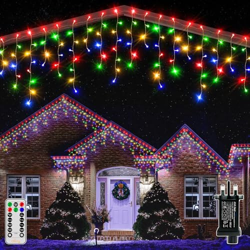 Ollny Icicle Outdoor Christmas Lights, 10M 400LED Waterproof Hanging Fairy Lights Multicoloured String Light, Plug/Remote/8 Modes/Timer/Connectable, Lighting Outside Gutter House Roof Xmas Decorations
