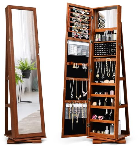 COSTWAY Armadietto Portagioielli Autoportante Girevole con Specchio, Specchio a Figura Intera Organizzatore per Gioielli, Porta Richiudibile a Chiavi (Marrone, 39 x 39 x 161 cm)