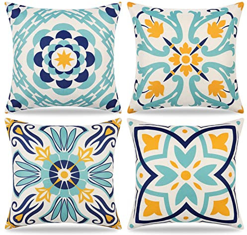 Dremisland 4 Stück Outdoor wasserdichte Kissenbezüge 45x45cm Boho Abstrakte Sofakissen Wasserfest Dekokissen Blau Floral Druck Gartenkissen Kissenhülle für Couch Bett Auto Balkon Terrasse