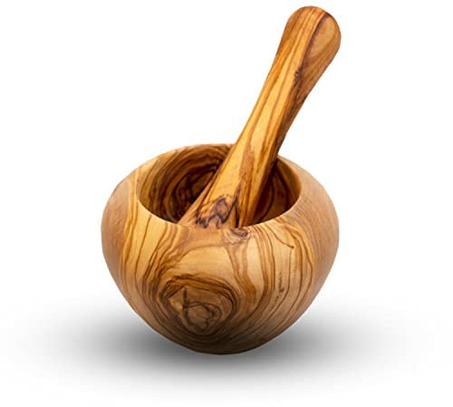 Mörser mit Stößel aus Olivenholz, Kräutermörser, handgefertigt mit Naturrand, Küchenmörser Holzmörser - nachhaltiger Kräuter-, Gewürz-Mörser (Ø 10 CM)