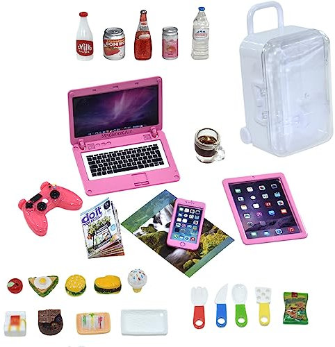 Nuanmu 27 Pieces Dollhouse Mini Laptop Tablet and Smart Phone Newspaper Book Miniatures Hamburger Cake Coffee Juice Trolley case DIY Play Game Party Toys Accessories (Pink Set)