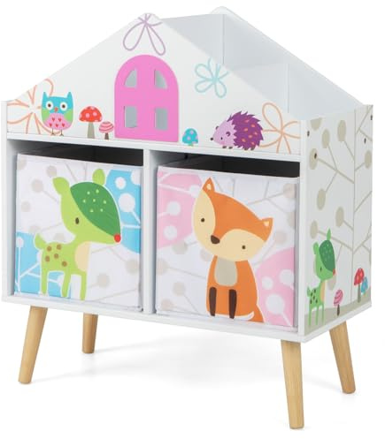 GYMAX Toy Storage Organizer, Wooden Kids Bookcase with 2 Fabric Bins & Solid Wood Legs, House-shaped Children Storage Shelf Unit for Bedroom Playroom Nursery, GYTP10173WH