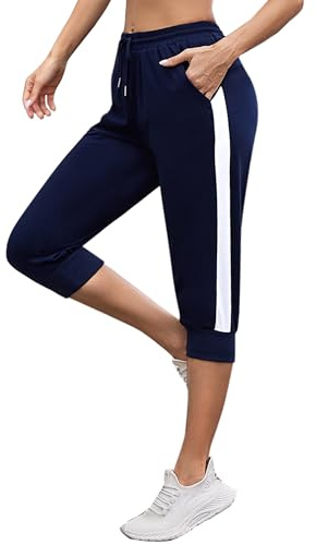 Jezonga Caprihose Damen Jogginghose 3/4 Sporthose Baumwolle Sommer Freizeithose Trainingshose mit Bündchen High Waist Sweathose Streifen Freizeit Hose für Jogging Sport Yoga Dunkelblau M